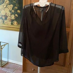Liz Claiborne Career black blouse with built-in cami and bejeweled neckline.